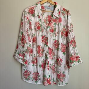 Liz & Me Blouse Size 1X Floral Lightweight Sheer 3/4 Sleeves Mature V-Neck